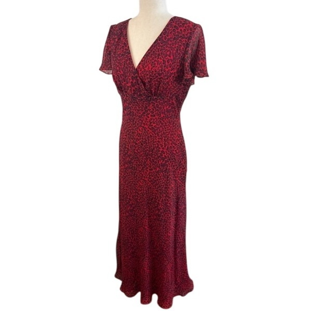 Maggy London Red Black Leopard Animal Print 100% Silk Maxi Dress Size 8